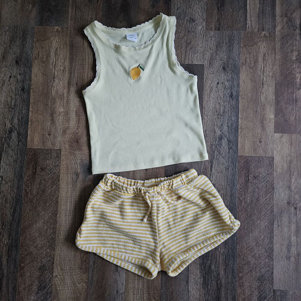 Zara Girls Lemon Ribbed Tank Top & Yellow Striped Knit Shorts Set Size 13-14 164